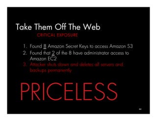 Take Them Off The Web
        CRI TICAL EXPOSURE

 1.  Found 8 Amazon Secret Keys to access Amazon S3
 2.  Found that 2 of the 8 have administrator access to
     Amazon EC2
 3.  Attacker shuts down and deletes all servers and
     backups permanently




PRICELESS                                                 44	
  
 