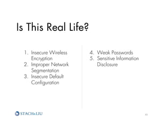 Is This Real Life?

 1.  Insecure Wireless   4.  Weak Passwords
     Encryption          5.  Sensitive Information
 2.  Improper Network        Disclosure
     Segmentation
 3.  Insecure Default
     Conﬁguration




                                                     65	
  
 