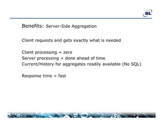Benefits: Server-Side Aggregation

Client requests and gets exactly what i needed
Cli               d           l   h is     d d

Client processing = zero
Server processing = done ahead of time
Current/History for aggregates readily available (No SQL)

Response time = fast
 