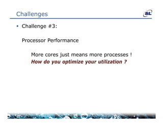 Challenges

 Challenge #3:

  Processor P f
  P         Performance

     More cores just means more processes !
     How do you optimize your utilization ?
 