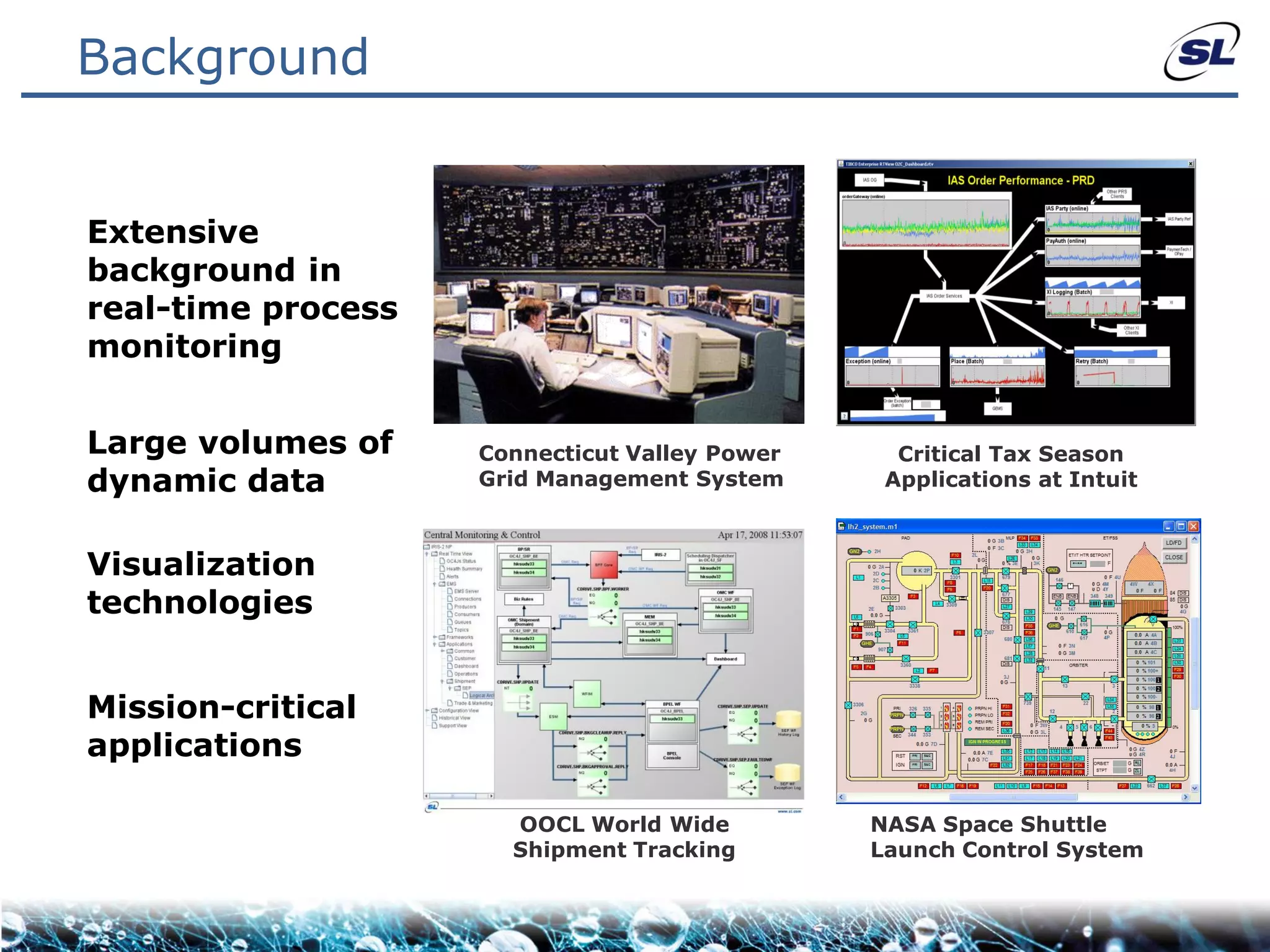 Background


Extensive
background in
real-time process
monitoring


Large volumes of    Connecticut Valley Power     Critical Tax Season
dynamic data        Grid Management System      Applications at Intuit



Visualization
technologies


Mission-critical
applications

                      OOCL World Wide          NASA Space Shuttle
                      Shipment Tracking        Launch Control System
 