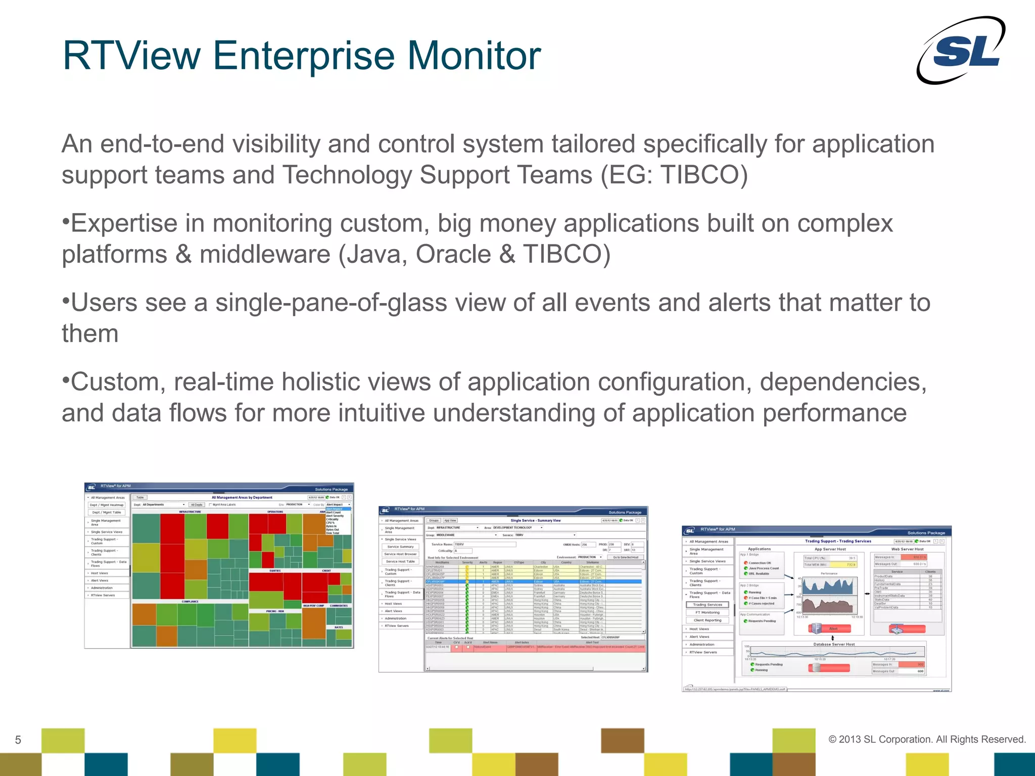 RTView Enterprise Monitor

          An end-to-end visibility and control system tailored specifically for application
          support teams and Technology Support Teams (EG: TIBCO)
          •Expertise in monitoring custom, big money applications built on complex
          platforms & middleware (Java, Oracle & TIBCO)
          •Users see a single-pane-of-glass view of all events and alerts that matter to
          them
          •Custom, real-time holistic views of application configuration, dependencies,
          and data flows for more intuitive understanding of application performance




    © 2012 SL Corporation. All Rights Reserved.

5                                                                                © 2013 SL Corporation. All Rights Reserved.
 