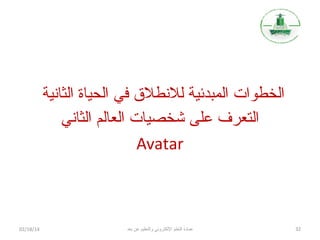 ‫الخطوات المبدئية للنطل ق تفي الحياة الثانية‬
‫التعرف على شخصيات العالم الثاني‬
‫‪Avatar‬‬

‫23‬

‫عمادة التعلم اللكتروني والتعليم عن بعد‬

‫41/81/20‬

 