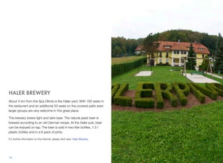 HALER BREWERY
About 3 km from the Spa Olimia is the Haler yard. With 160 seats in
the restaurant and an additional 50 seats on the covered patio even
larger groups are very welcome in this great place.
The brewery brews light and dark beer. The natural yeast beer is
brewed according to an old German recipe. At the Haler pub, beer
can be enjoyed on tap. The beer is sold in two-liter bottles, 1.5 l
plastic bottles and in a 6 pack of pints.
For further information on the Internet, please click here: Haler Brewery.

16

 