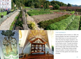 THE PHARMACY
As the Pauline monks moved in, in 1663, medicinal herbalism has been consistently operated. While there is no accurate record of
when the pharmacy began operations, one
can assume the it originated with the arrival
of the Pauline monks. Through the exciting
history of the building unfortunately a large
part of todays again restored paintings were
destroyed. The Minorities Padres brought
back the tradition of herbal medicine and
maintain the herb garden and create natural
remedies.
35

 