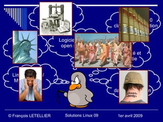 GPL 2.0 ou 3.0
                                                  classpath exception

                       Logiciel libre ≠
  4 libertés            open source
                                               Communauté et
                                                 méritocratie


 Linux/Apache/
  MySQL/PHP                                         Commiter un
                                                       patch
                                                  dans Subversion




© François LETELLIER      Solutions Linux 09       1er avril 2009
 