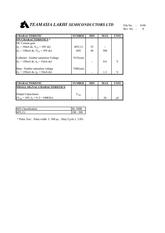 SL100 Transistor data sheet PDF