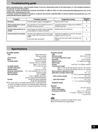 11 
RQT7018 
Specifications 
Turntable section 
Type Quartz direct drive 
Manual turntable 
Drive method Direct drive 
Motor Brushless DC motor 
Turntable platter Aluminum diecast 
Diameter 33.2 cm (13-5/64) 
Mass 1.7 kg (3.74 lb.) 
Turntable speeds 33 1/3 r/min, 45 r/min 
Variable range pitch ±8 % 
Starting torque 1.5 kg·cm (1.3 lb·in) 
Build-up characteristics 0.7 s. from standstill to 33 1/3 r/min 
Braking system Electronic brake 
Wow and flutter 0.01 % WRMS 
0.025 % WRMS (JIS C5521) 
±0.035 % peak (IEC 98A Weighted) 
Rumble –56 dB (IEC 98A Unweighted) 
–78 dB (IEC 98A Weighted) 
This rating refers to turntable assembly alone, excluding effects 
of record, cartridge or tonearm, but including platter. Measured 
by obtaining signal from built-in frequency generator of motor 
assembly. 
Tonearm section 
Type Universal 
Effective length 230 mm (9-1/16) 
Arm height adjustment range 0 – 6 mm 
Overhang 15 mm (19/32) 
Effective mass 12 g (without cartridge) 
Offset angle 22° 
Friction Less than 7 mg (lateral, vertical) 
Tracking error angle 
Within 2° 32' (at the outer groove of 30 cm (12) record) 
Within 0° 32' (at the inner groove of 30 cm (12) record) 
Stylus pressure adjustment range 0 – 4 g 
Applicable cartridge weight range 3.5 – 13 g 
11 – 20.5 g (including headshell) 
(with auxiliary weight) 9.5 – 13 g 
17 – 20.5 g (including headshell) 
(with shell weight) 3.5 – 6.5 g 
11 – 14 g (including headshell) 
Headshell weight 7.5 g 
General 
Power supply AC 120 V, 60 Hz 
Power consumption 13.5 W 
Dimensions (W××××H××××D) 45.3 × 17.2 × 35.5 cm 
(17-27/32 × 6-25/32 × 13-31/32) 
Mass 12 kg (26.4 Ib) 
Specifications are subject to change without notice. 
Mass and dimensions are approximate. 
Troubleshooting guide 
Before requesting service, make the below checks. If you are in doubt about some of the check points, or if the remedies indicated in 
the chart do not solve the problem: 
In the U.S.A., contact the Panasonic Customer Call Center at 1-800-211-7262, or e-mail consumerproducts@panasonic.com, or the 
website (http://www.panasonic.com). 
In Canada, contact the Panasonic Canada Inc. Customer Care Centre at 905-624-5505, or visit the website (www.panasonic.ca), or an 
authorized Servicentre closest to you. 
Probable cause(s) 
Is the AC power supply cord plugged in? 
Are connections to the amplifier/receiver’s 
PHONO terminals correct? 
Are the stereo connection cable connections 
to the amplifier or receiver reversed? 
Are there other appliances or their AC power 
supply cords near the stereo connection 
cable? 
Is the earth lead connected? 
Suggested remedy 
Plug the cord in firmly. 
Connect the stereo pin cables to the amplifier’s 
PHONO terminals. 
Double check all connections. 
Separate the appliances and their AC power 
supply cords from this unit. 
Make sure the earth lead is correctly con-nected. 
Reference 
page(s) 
5 
5 
5 
5 
Problem 
No power. 
There is power but no sound. 
Sound is weak. 
Left and right sounds are re-versed. 
Humming heard during play. 
 