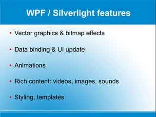 WPF / Silverlight features Vector graphics & bitmap effects Data binding & UI update Animations Rich content: videos, images, sounds Styling, templates 