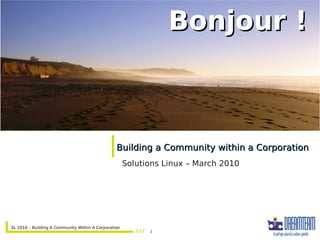 Bonjour !



                                                 Building a Community within a Corporation
                                                      Solutions Linux – March 2010




SL 2010 – Building A Community Within A Corporation
                                                            1
 