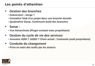 Les points d'attention

    Gestion des branches
    • Subversion : merge ?
    • Connaître l'état d'un projet dans une branche donnée
    • Qualimétrie Sonar, Continuum build des branches

    Sonar :
    • Vue hiérarchisée (Plugin existant mais propriétaire)

    Gestion du cycle de vie des services
    • Annuaire UDDI ? JUDDI ? Choix actuel : Centrasite (outil propriétaire)

    Conduite du changement
    • Prise en main des outils par les acteurs




                                                                               12
 