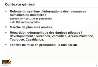 Contexte général

    Refonte du système d'informations des ressources
     humaines du ministère :
    • gestion de + de 1,1M de personnes
    • + de 100 corps et grades.

    Marché de plusieurs années
    Répartition géographique des équipes pilotage /
     développement : Suresnes, Versailles, Aix-en-Provence,
     Toulouse, Casablanca.
    Fenêtre de mise en production : 3 fois par an




                                                              3
 