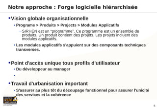 Notre approche : Forge logicielle hiérarchisée

 Vision globale organisationnelle
  • Programe > Produits > Projects > Modules Applicatifs
       − SIRHEN est un “programme”. Ce programme est un ensemble de
         produits. Un produit contient des projets. Les projets incluent des
         modules applicatifs.
  • Les modules applicatifs s'appuient sur des composants techniques
      transverses.


 Point d'accès unique tous profils d'utilisateur
  • Du développeur au manager
  •

 Travail d'urbanisation important
  • S'assurer au plus tôt du découpage fonctionnel pour assurer l'unicité
      des services et la cohérence

                                                                               6
 
