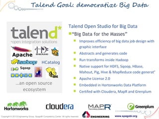 www.spagobi.orgCopyright © 2013 Engineering Group, SpagoBI Competency Center. All rights reserved.Copyright © 2013 Engineering Group, SpagoBI Competency Center. All rights reserved.
Talend Goal: democratize Big Data
…an open source
ecosystem
Talend Open Studio for Big Data
“Big Data for the Masses”
 Improves efficiency of big data job design with
graphic interface
 Abstracts and generates code
 Run transforms inside Hadoop
 Native support for HDFS, Sqoop, HBase,
Mahout, Pig, Hive & MapReduce code generat°
 Apache License 2.0
 Embedded in Hortonworks Data Platform
 Certifed with Cloudera, MapR and Grenplum
HCatalog
 