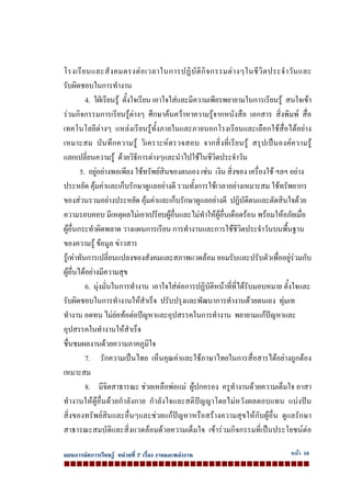 แผนการจัดการเรียนรู หนวยที่ 2 เรื่อง งานและพลังงาน หนา 10
โรงเรียนและสังคมตรงตอเวลาในการปฏิบัติกิจกรรมตางๆในชีวิตประจําวันและ
รับผิดชอบในการทํางาน
4. ใฝเรียนรู ตั้งใจเรียน เอาใจใสและมีความเพียรพยายามในการเรียนรู สนใจเขา
รวมกิจกรรมการเรียนรูตางๆ ศึกษาคนควาหาความรูจากหนังสือ เอกสาร สิ่งพิมพ สื่อ
เทคโนโลยีตางๆ แหลงเรียนรูทั้งภายในและภายนอกโรงเรียนและเลือกใชสื่อไดอยาง
เหมาะสม บันทึกความรู วิเคราะหตรวจสอบ จากสิ่งที่เรียนรู สรุปเปนองคความรู
แลกเปลี่ยนความรู ดวยวิธีการตางๆและนําไปใชในชีวิตประจําวัน
5. อยูอยางพอเพียง ใชทรัพยสินของตนเอง เชน เงิน สิ่งของ เครื่องใช ฯลฯ อยาง
ประหยัด คุมคาและเก็บรักษาดูแลอยางดี รวมทั้งการใชเวลาอยางเหมาะสม ใชทรัพยากร
ของสวนรวมอยางประหยัด คุมคาและเก็บรักษาดูแลอยางดี ปฏิบัติตนและตัดสินใจดวย
ความรอบคอบ มีเหตุผลไมเอาเปรียบผูอื่นและไมทําใหผูอื่นเดือดรอน พรอมใหอภัยเมื่อ
ผูอื่นกระทําผิดพลาด วางแผนการเรียน การทํางานและการใชชีวิตประจําวันบนพื้นฐาน
ของความรู ขอมูล ขาวสาร
รูเทาทันการเปลี่ยนแปลงของสังคมและสภาพแวดลอม ยอมรับและปรับตัวเพื่ออยูรวมกับ
ผูอื่นไดอยางมีความสุข
6. มุงมั่นในการทํางาน เอาใจใสตอการปฏิบัติหนาที่ที่ไดรับมอบหมาย ตั้งใจและ
รับผิดชอบในการทํางานใหสําเร็จ ปรับปรุงและพัฒนาการทํางานดวยตนเอง ทุมเท
ทํางาน อดทน ไมยอทอตอปญหาและอุปสรรคในการทํางาน พยายามแกปญหาและ
อุปสรรคในทํางานใหสําเร็จ
ชื่นชมผลงานดวยความภาคภูมิใจ
7. รักความเปนไทย เห็นคุณคาและใชภาษาไทยในการสื่อสารไดอยางถูกตอง
เหมาะสม
8. มีจิตสาธารณะ ชวยเหลือพอแม ผูปกครอง ครูทํางานดวยความเต็มใจ อาสา
ทํางานใหผูอื่นดวยกําลังกาย กําลังใจและสติปญญาโดยไมหวังผลตอบแทน แบงปน
สิ่งของทรัพยสินและอื่นๆและชวยแกปญหาหรือสรางความสุขใหกับผูอื่น ดูแลรักษา
สาธารณะสมบัติและสิ่งแวดลอมดวยความเต็มใจ เขารวมกิจกรรมที่เปนประโยชนตอ
 