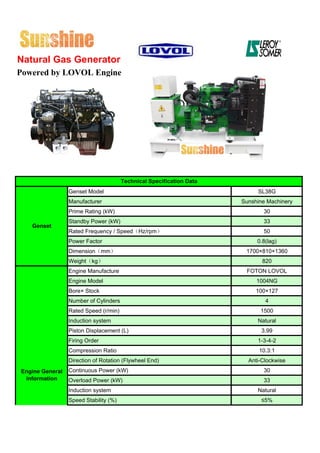 Natural Gas Generator
Powered by LOVOL Engine




                                       Technical Specification Data
                 Genset Model                                              SL38G
                 Manufacturer                                         Sunshine Machinery
                 Prime Rating (kW)                                           30
                 Standby Power (kW)                                          33
   Genset
                 Rated Frequency / Speed（Hz/rpm）                             50
                 Power Factor                                              0.8(lag)
                 Dimension（mm）                                         1700×810×1360
                 Weight（kg）                                                  820
                 Engine Manufacture                                    FOTON LOVOL
                 Engine Model                                              1004NG
                 Bore× Stock                                               100×127
                 Number of Cylinders                                          4
                 Rated Speed (r/min)                                        1500
                 Induction system                                          Natural
                 Piston Displacement (L)                                     3.99
                 Firing Order                                              1-3-4-2
                 Compression Ratio                                          10.3:1
                 Direction of Rotation (Flywheel End)                   Anti-Clockwise
Engine General   Continuous Power (kW)                                       30
 information     Overload Power (kW)                                         33
                 Induction system                                          Natural
                 Speed Stability (%)                                         ≤5%
 