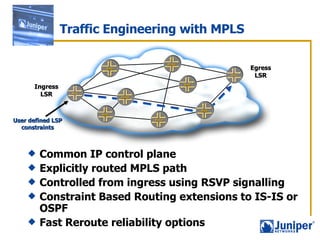 Traffic Engineering with MPLS Common IP control plane Explicitly routed MPLS path Controlled from ingress using RSVP signalling Constraint Based Routing extensions to IS-IS or OSPF Fast Reroute reliability options Ingress LSR Egress LSR User defined LSP  constraints 