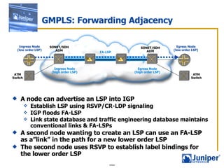 GMPLS: Forwarding Adjacency A node can advertise an LSP into IGP Establish LSP using RSVP/CR-LDP signaling IGP floods FA-LSP Link state database and traffic engineering database maintains conventional links & FA-LSPs A second node wanting to create an LSP can use an FA-LSP as a”link” in the path for a new lower order LSP  The second node uses RSVP to establish label bindings for the lower order LSP ATM Switch ATM Switch SONET/SDH ADM SONET/SDH ADM Ingress Node (high order LSP) Egress Node (high order LSP) FA-LSP Ingress Node (low order LSP) Egress Node (low order LSP) 
