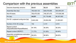Comparison with the previous assemblies
Genome Assembly versions SL4.0 SL3.0 SL2.5
Assembly Size (bp) 782,520,133 828,076,956 823,944,041
Non-N bases 782,475,302 746,357,470 737,636,348
N’s (bp) 44,831 81,719,486 86,307,693
Chr 00 / unplaced contig size (bp)
9,643,350 20,852,292 21,805,821
Number of Chr 00 contigs 152 3,141 4,410
Repeat content
(RepeatModeler/RepeatMasker)
64.19% 56.39% 56.34%
Repeat content (REPET) 71.77% 61.55% 60.94%
Assembly completeness estimation
based on kmer's
99.24% 98.96% 98.83%
 