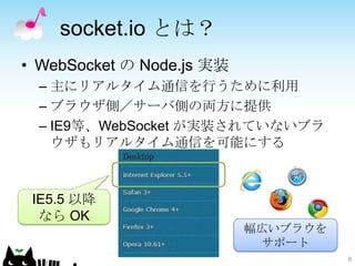 socket.io とは？
• WebSocket の Node.js 実装
  – 主にリアルタイム通信を行うために利用
  – ブラウザ側／サーバ側の両方に提供
  – IE9等、WebSocket が実装されていないブラ
    ウザもリアルタイム通信を可能にする



 IE5.5 以降
  なら OK
                           幅広いブラウを
                            サポート
                                     8
 