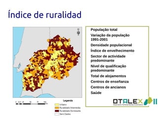 Índice de ruralidad
                      População total
                      Variação da população
                      1991-2001
                      Densidade populacional
                      Índice de envelhecimento
                      Sector de actividade
                      predominante
                      Nível de qualificação
                      predominante
                      Total de alojamentos
                      Centros de enseñanza
                      Centros de ancianos
                      Saúde

                                                 II
 