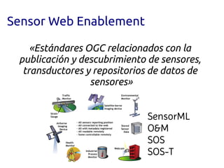 Sensor Web Enablement

    «Estándares OGC relacionados con la
 publicación y descubrimiento de sensores,
  transductores y repositorios de datos de
                 sensores»


                             SensorML
                             O&M
                             SOS
                             SOS-T
 