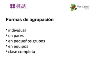 Formas de agrupación
agrupaci
individual

en pares

en pequeños grupos

en equipos

clase completa


 