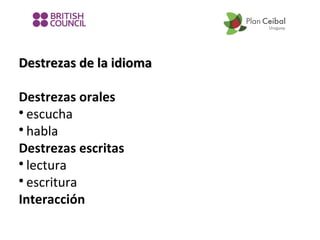 Destrezas de la idioma
Destrezas orales

escucha

habla
Destrezas escritas

lectura

escritura
Interacción

 