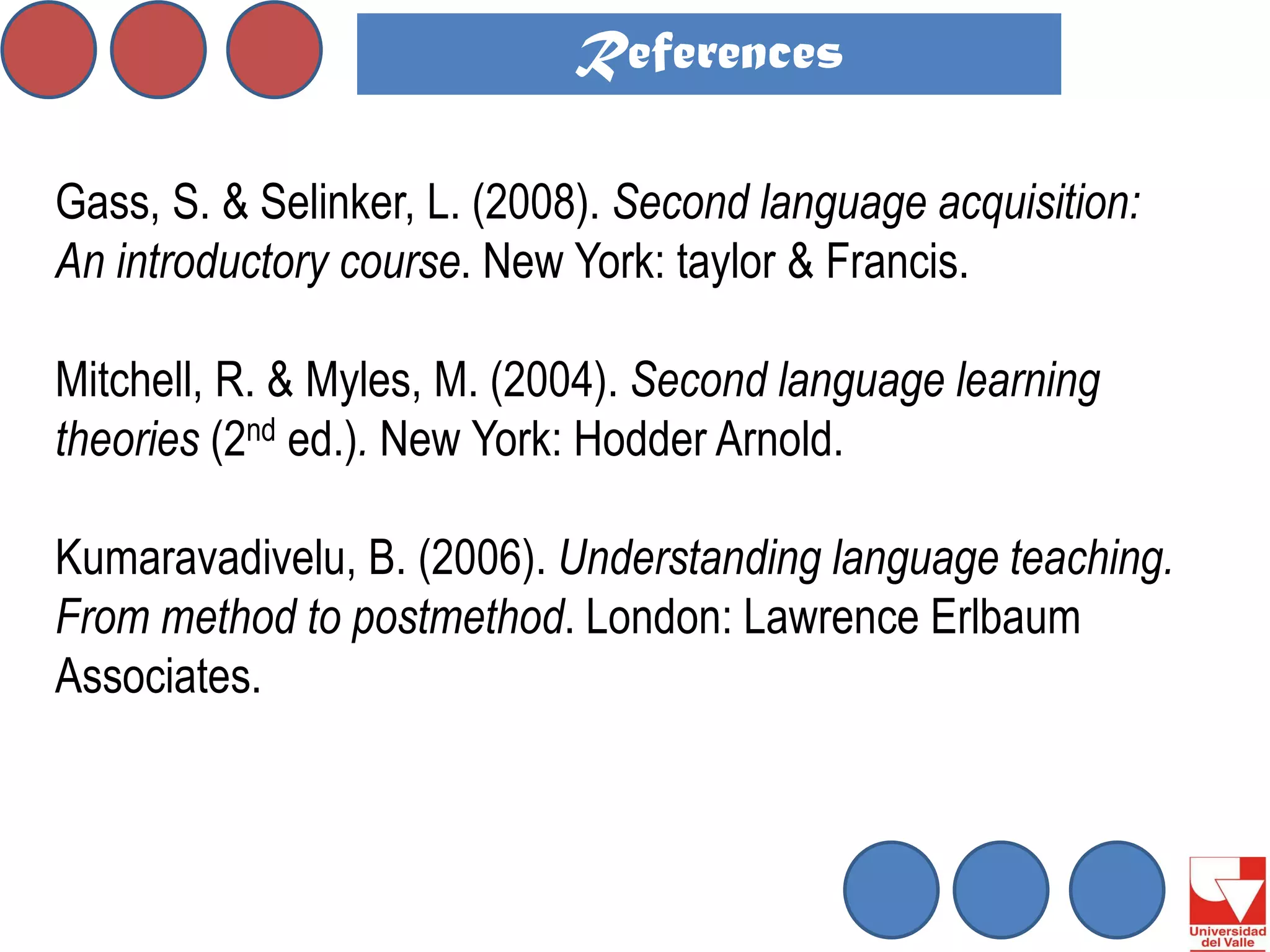 References 
Gass, S. & Selinker, L. (2008). Second language acquisition: An introductory course. New York: taylor & Francis. 
Mitchell, R. & Myles, M. (2004). Second language learning theories (2nd ed.). New York: Hodder Arnold. 
Kumaravadivelu, B. (2006). Understanding language teaching. From method to postmethod. London: Lawrence Erlbaum Associates. 
