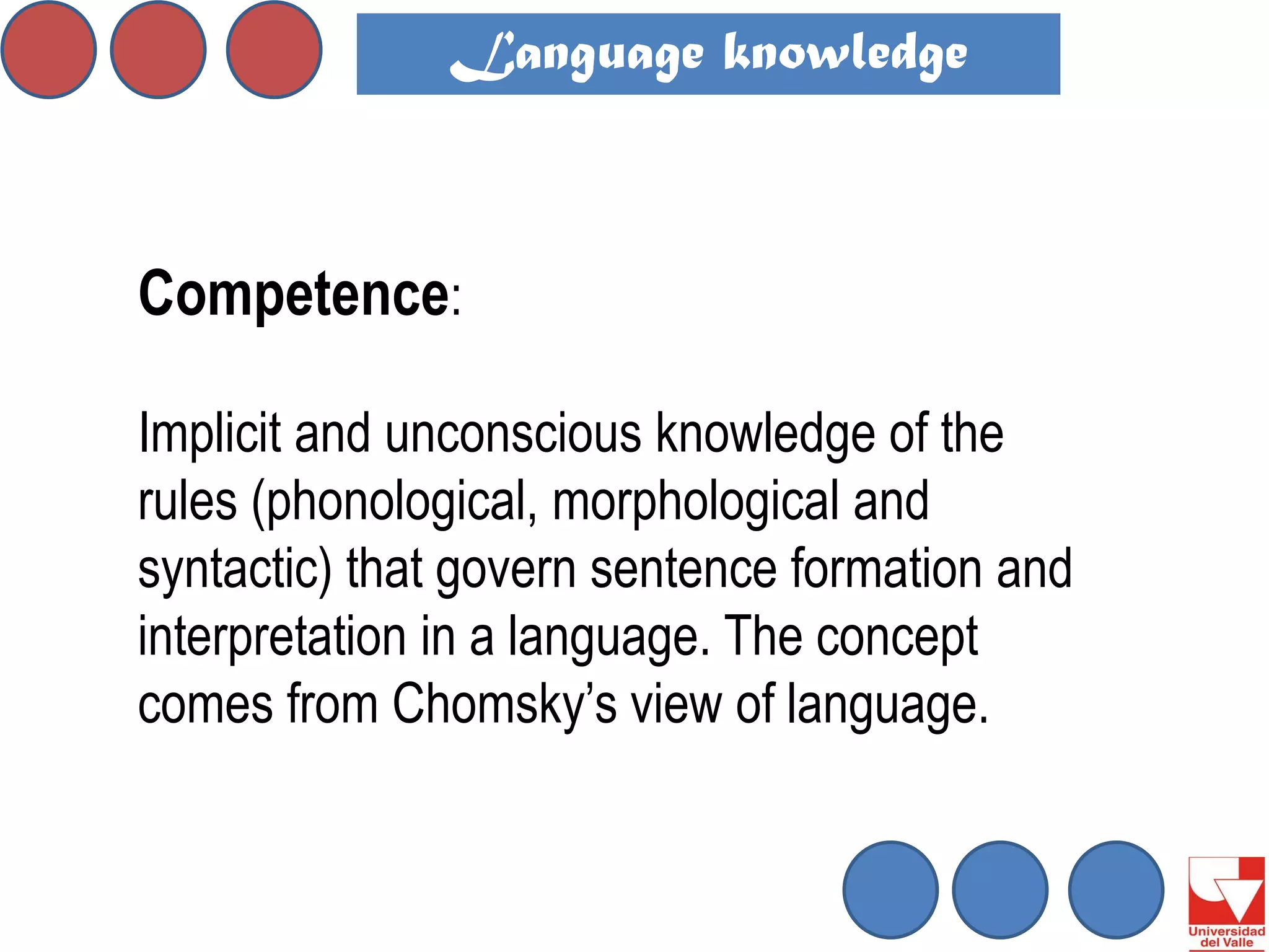 Competence: 
Implicit and unconscious knowledge of the rules (phonological, morphological and syntactic) that govern sentence formation and interpretation in a language. The concept comes from Chomsky’s view of language. 
Language knowledge  