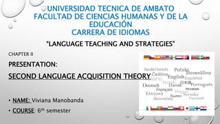 UNIVERSIDAD TECNICA DE AMBATO
FACULTAD DE CIENCIAS HUMANAS Y DE LA
EDUCACIÓN
CARRERA DE IDIOMAS
“LANGUAGE TEACHING AND STRATEGIES”
CHAPTER II
PRESENTATION:
SECOND LANGUAGE ACQUISITION THEORY
• NAME: Viviana Manobanda
• COURSE: 6th semester
 