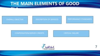 OVERALL OBJECTIVE DESCRIPTION OF SERVICES
CRITICAL FAILURECOMPENSATION/SERVICE CREDITS
PERFORMANCE STANDARDS
THE MAIN ELEMENTS OF GOOD
SLA
7
 