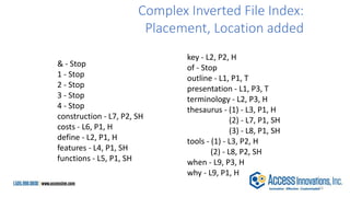 & - Stop
1 - Stop
2 - Stop
3 - Stop
4 - Stop
construction - L7, P2, SH
costs - L6, P1, H
define - L2, P1, H
features - L4, P1, SH
functions - L5, P1, SH
key - L2, P2, H
of - Stop
outline - L1, P1, T
presentation - L1, P3, T
terminology - L2, P3, H
thesaurus - (1) - L3, P1, H
(2) - L7, P1, SH
(3) - L8, P1, SH
tools - (1) - L3, P2, H
(2) - L8, P2, SH
when - L9, P3, H
why - L9, P1, H
Complex Inverted File Index:
Placement, Location added
16
 