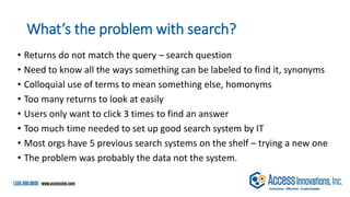 What’s the problem with search?
• Returns do not match the query – search question
• Need to know all the ways something can be labeled to find it, synonyms
• Colloquial use of terms to mean something else, homonyms
• Too many returns to look at easily
• Users only want to click 3 times to find an answer
• Too much time needed to set up good search system by IT
• Most orgs have 5 previous search systems on the shelf – trying a new one
• The problem was probably the data not the system.
 