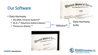 Our Software
• Data Harmony
• XIS (XML Intranet System)®
• M.A.I.® (Machine Aided Indexer)
• Thesaurus Master ® MAIstro™
Data Harmony
Suite
 