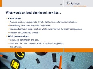 What would an ideal dashboard look like…Presentation:A visual system, speedometer / traffic lights / key performance indicators.Translating resources used cost / download.Internal dashboard idea – capture what’s most relevant for senior management .In terms of Dollars and “Sense”.What to demonstrate:Value, i.e. penetration and use.Utilization, i.e. use, citations, authors, decisions supported.Time Saved.