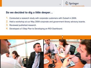 So we decided to dig a little deeper…Conducted a research study with corporate customers with Outsell in 2009.Held a workshop at our May 2009 corporate and government library advisory boards.Reviewed published research.Developed a 5 Step Plan to Developing an ROI Dashboard.