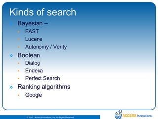 Kinds of searchBayesian – FASTLuceneAutonomy / VerityBooleanDialogEndecaPerfect SearchRanking algorithmsGoogle13