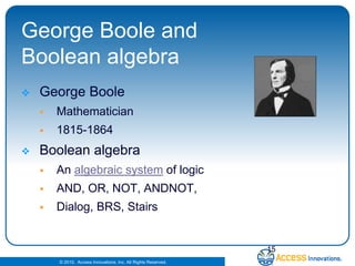George Boole and Boolean algebraGeorge BooleMathematician1815-1864Boolean algebraAn algebraic system of logic AND, OR, NOT, ANDNOT, Dialog, BRS, Stairs15