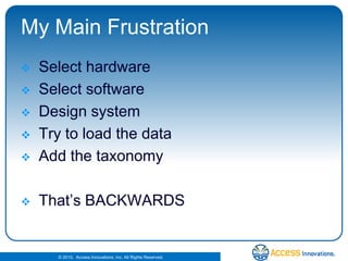 My Main FrustrationSelect hardwareSelect softwareDesign systemTry to load the dataAdd the taxonomyThat’s BACKWARDS