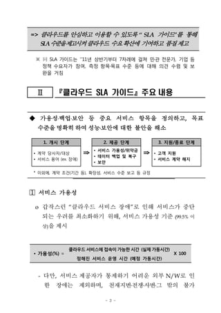 => 클라우드를 안심하고 이용할 수 있도록 “ SLA 가이드”를 통해
   SLA수 을제 시켜클라우드 수요확산에 기여하고 품질제고
       준 고

 ※ 同 SLA 가이드는 ‘’11년 상반기부터 7차례에 걸쳐 민 관 전문가, 기업 등
   정책 수요자가 참여, 측정 항목 목표 수준 등에 대해 의견 수렴 및 보
   완을 거침



 II
 II       『클라우드 SLA 가이드』주요 내용


◆ 가용성 백업 보안 등 중요 서비스 항목을 정의하고, 목표
 수준을 명확히 하여 성능 보안에 대한 불안을 해소

      1. 개시 단계            2. 제공 단계           3. 지원/종료 단계
                        • 서비스 가용성/위약금
• 계약 당사자/대상         ⇒   • 데이터 백업 및 복구
                                        ⇒   • 고객 지원
• 서비스 용어 (ex. 장애)                           • 서비스 계약 해지
                        • 보안

* 이외에, 계약 조건(기간 등), 확장성, 서비스 수준 보고 등 규정



 서비스 가용성

 o 갑작스런 “클라우드 서비스 장애”로 인해 서비스가 중단
   되는 우려를 최소화하기 위해, 서비스 가용성 기준 (99.5% 이
   상)을    제시


               클라우드 서비스에 접속이 가능한 시간 (실제 가동시간)
• 가용성(%) =                                        X 100
                 정해진 서비스 운영 시간 (예정 가동시간)


 - 다만, 서비스 제공자가 통제하기 어려운 외부 N/W로 인
      한   장애는 제외하며,         천재지변ß³
                                전쟁사변그 밖의 불가

                           - 3 -
 