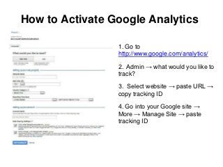 How to Activate Google Analytics

                 1. Go to
                 http://www.google.com/analytics/

                 2. Admin → what would you like to
                 track?

                 3. Select website → paste URL →
                 copy tracking ID

                 4. Go into your Google site →
                 More → Manage Site → paste
                 tracking ID
 