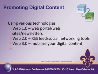 Why is the MMS Library an Accidental Digital Library?Mandate to reduce the Library’s collection from 16,000+ titles to 2,000Long term checkouts of print materials to staff members and sectionsTransfers and donations of print materials to other Federal Agencies, Federal Government Libraries, and to other librariesGSA sale of print materialsOther materials transferred to dumpsterUser-Focused Digital Library:  A Practical Guide       |   76