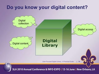 It's beyond the scope of this presentation to discuss them all, but I will mention several.User-Focused Digital Library:  A Practical Guide       |6
