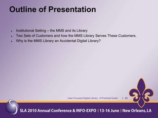 What is a Digital Library?“A digital library is a library in which collections are stored in digital formats (as opposed to print, microform or other media) and accessible by computers. The digital content may be stored locally, or accessed remotely via computer networks. A digital library is a type of information retrieval system.” http://en_wikipedia.org/wiki/Digital_Library