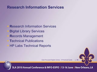 How Does the MMS Library Serve its Internal Customers?Circulating print materials, DVDs, CD-ROMs, and microficheInterlibrary loans via OCLCAccess to free and subscribed electronic contentUser-Focused Digital Library:  A Practical Guide       |   35