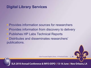 How Are Electronic Materials Made Available to MMS Personnel?In addition to hard copy materials in the Library, the Library makes electronic materials available to MMS employees.Links available via Library online catalog entries (Follett Software) – 856 MARC field.Menu page on Intranet with links to electronic content.Intranet menu page is maintained by Multimedia and Internet Production Section – with input by the librarian.User-Focused Digital Library:  A Practical Guide       |   36