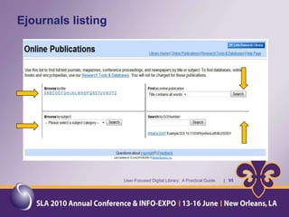Typical Electronic Resources that MMS Personnel UseWind Wildlife Literature Database – http://www.nrel.gov/wind/wild.html A bibliographic database of documents of effects of wind energy development (including towers, power lines, and other wires) on birds. The database includes documents from journals, periodicals, conference proceedings, government publications, utility company reports, books, and magazines. The database currently contains the abstracts of documents published through 1995. National Renewable Energy Laboratory intends to update this database on a regular basis, adding document citations and abstracts as more documents are published. The database is maintained by the National Wind Technology Center. Users: Staff members involved with writing environmental impact statements.User-Focused Digital Library:  A Practical Guide       |   46
