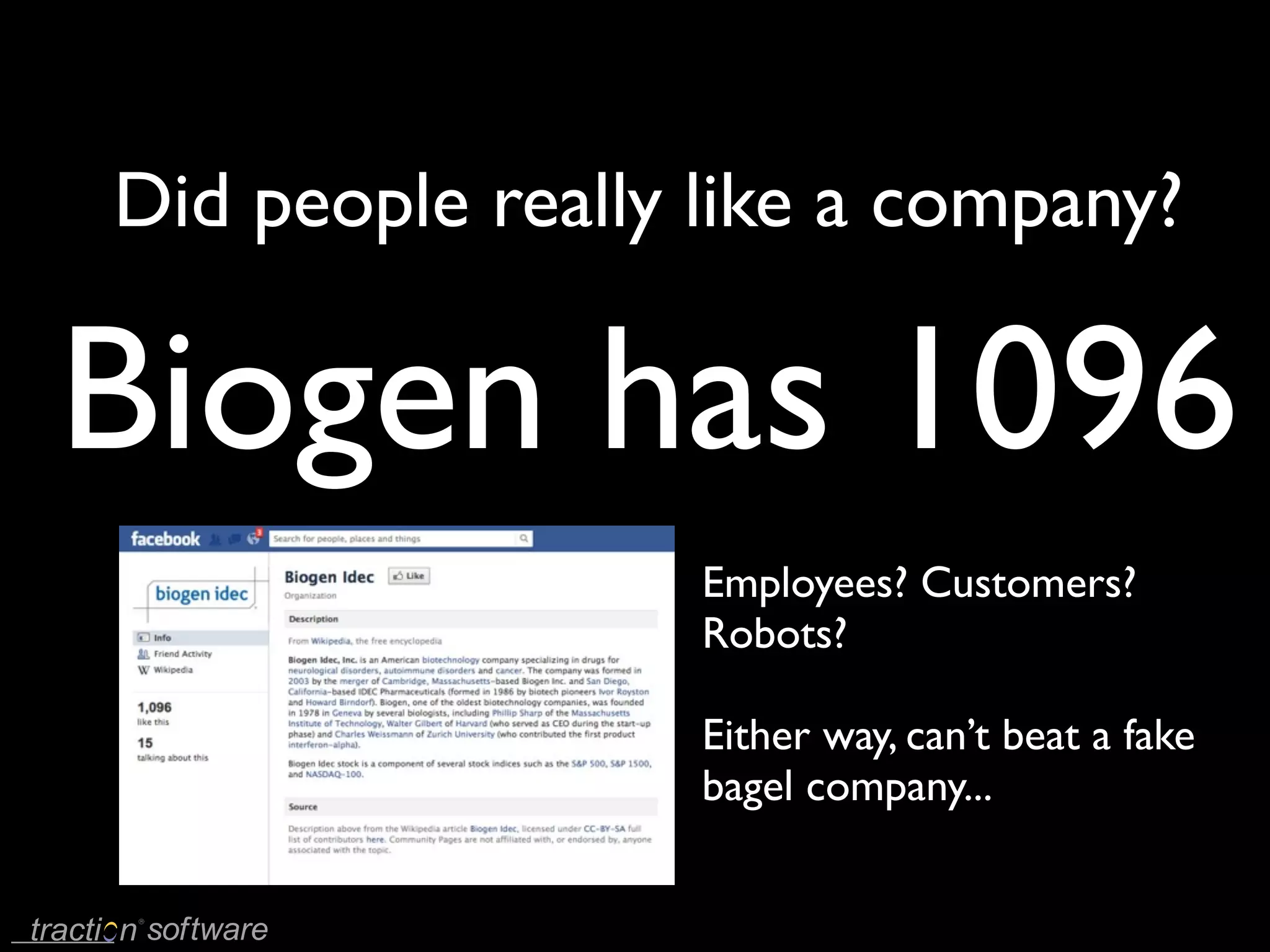 Did people really like a company?

Biogen has 1096
                  Employees? Customers?
                  Robots?

                  Either way, can’t beat a fake
                  bagel company...
 