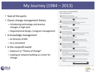 My Journey (1984 – 2013)
• Seat-of-the-pants
• Classic change management theory
– Introducing technology and process
chang...